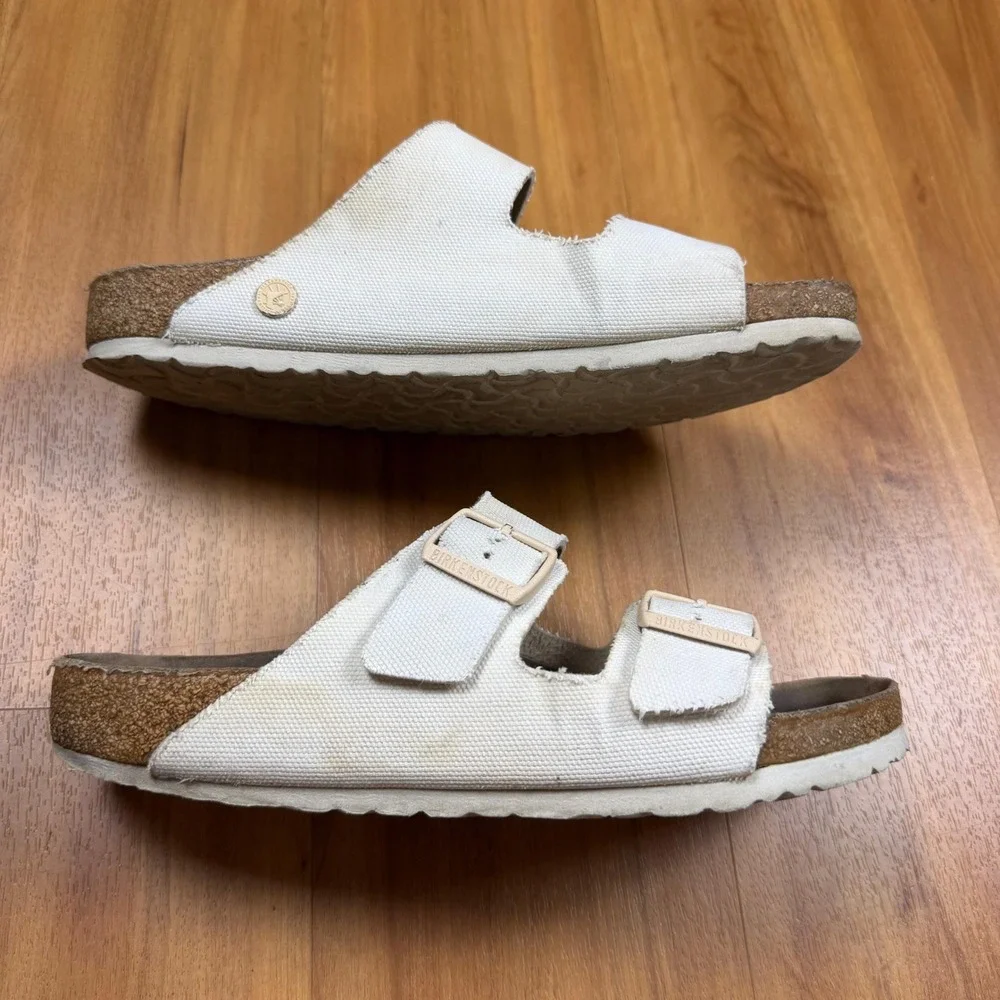 Birkenstock Arizona Canvas Sandals Cream Off White Mens 41 US 8-8.5 Slide Cork